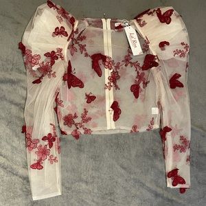 La’Ros 3SCORECHECK butterfly sheer crop top puff sleeve shirt/Blouse